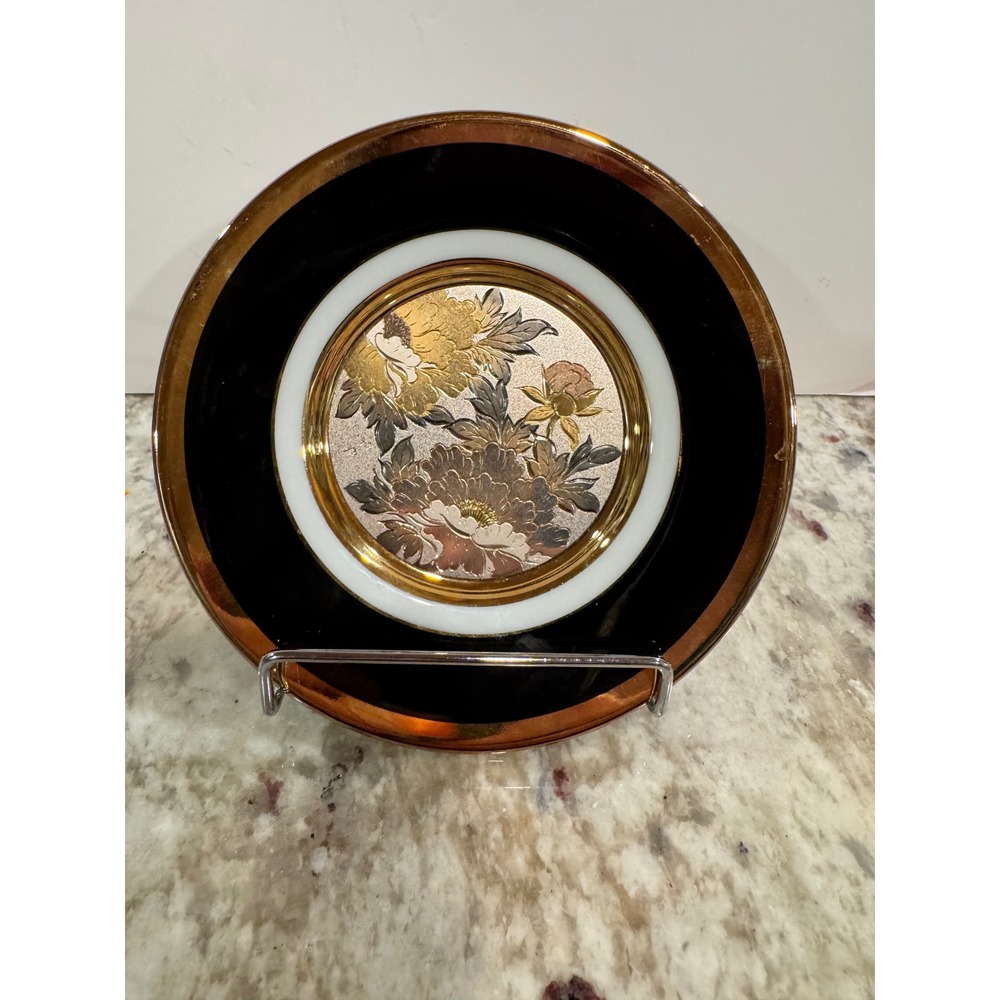 Vintage Japanese Chokin Art Collector Plate Black Gold Silver 24K‎ Gilt Peony 6"